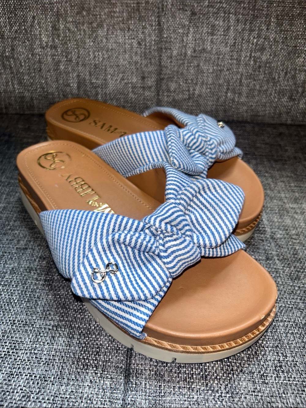 Sam & Libby Blue and White Striped Bow Slide Sandals